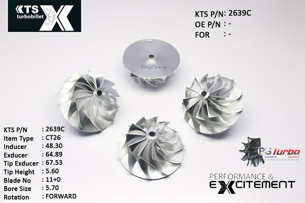 Turbo ROUE FORGÉE MFS PERFORMANCE - 11+0 PALES - INDUCER : 48,3 - EXDUCER : 64,89 - TYPE : CT26ANGLE : 50° - ROTATION : Forward - SUPER BACK : 1,7 - BORE SIZE : 5,7
